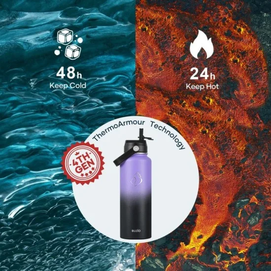 Buzio Duet Series Water Bottle with 2 Lids and Sleeve 1.2L - Purple Black